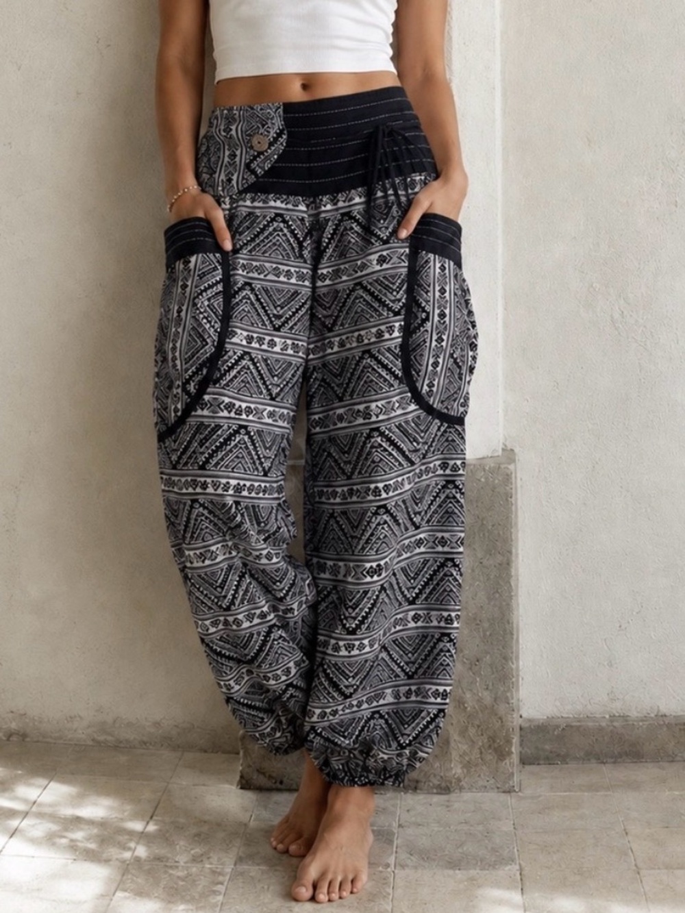 Boho Harem Pants Black White Cotton Cargo Pocket Thai Hippie Festival O/S M-XL